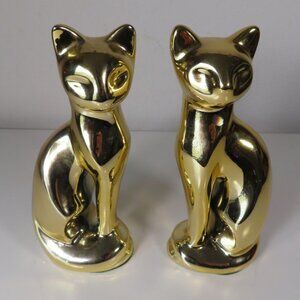 Vintage 8" Gold Ceramic Cat Figurine Statue Pair / Set of 2 MCM Taiwan